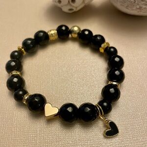 Black Agate Bracelet with Heart Charm, Stretch, Gemstone, small heart charm,